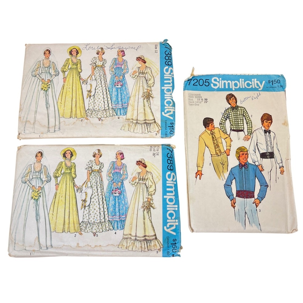 Vintage 70s Simplicity Sewing Patterns 7389 Bridal Dress 7205 Mens Shirt Lot 3